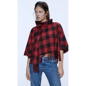 Zara Cowl Neck Cropped Fringe Buffalo Plaid Pullover Size XS NWT